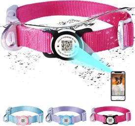 ADVENTUREMORE Airtag Dog Collar with Smart ID QR Code Airtags Holder: Prevents Dogs from Getting Lost at Night, Displays Owner and Pet Details. Waterproof, Durable, Adjustable, Thick-Rose-Small
