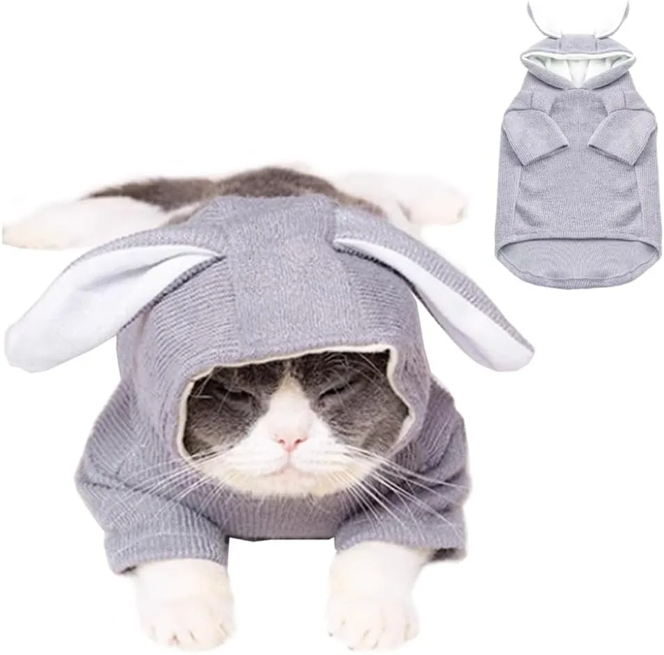 ANIAC Funny Dog Hoodies for Small Dog Girl Boy Bunny Ears Dog Clothes Hooded Puppy Sweatshirt Cat Apparel Pet Costume for Easter Halloween Christmas Holiday (Small, Grey)