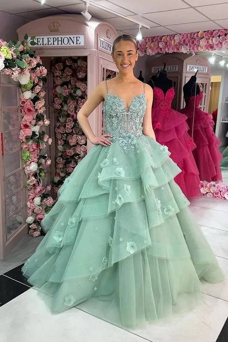 Ball Gown Fuchsia Sweetheart Tiered Tulle Prom Dresses with Appliques VK24010706