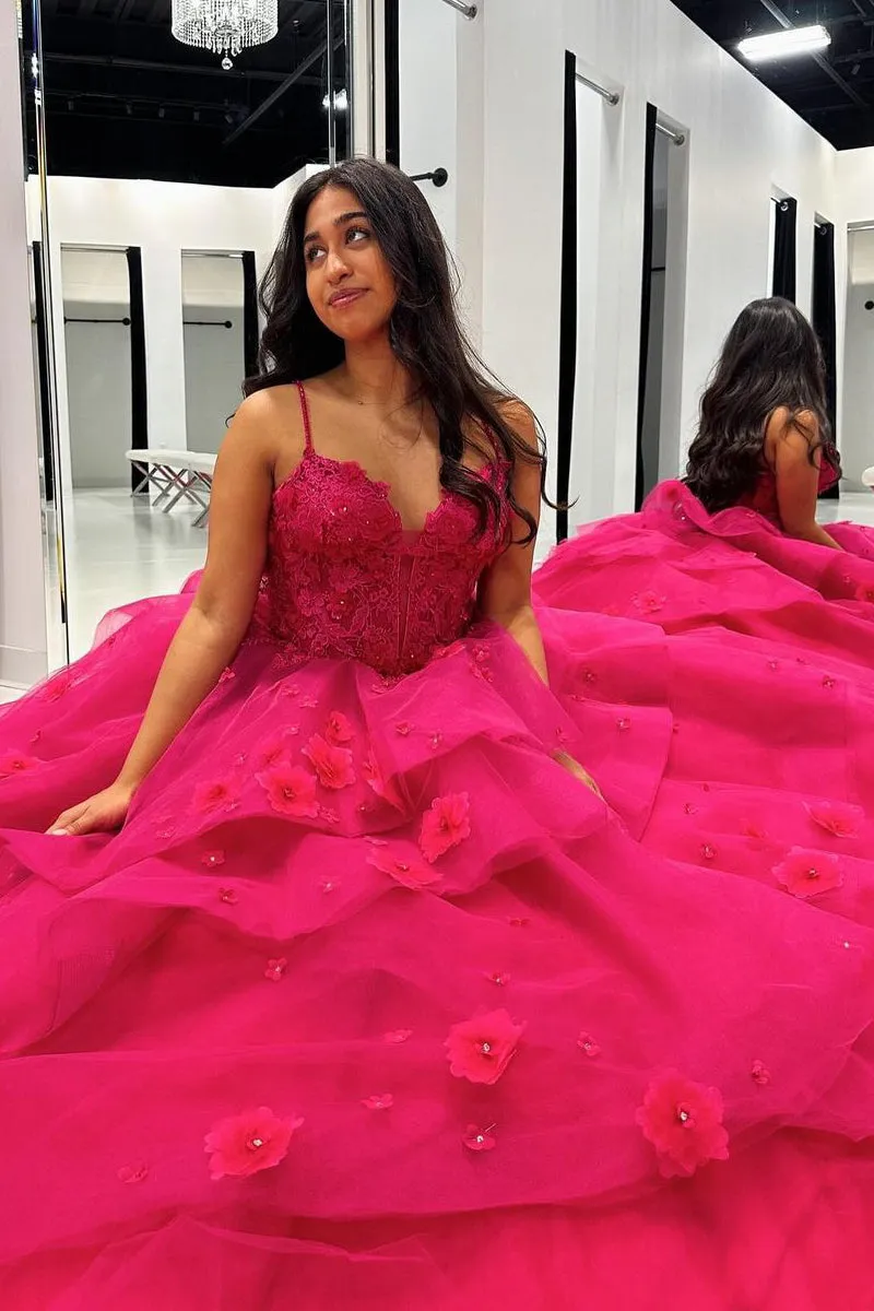 Ball Gown Fuchsia Sweetheart Tiered Tulle Prom Dresses with Appliques VK24010706