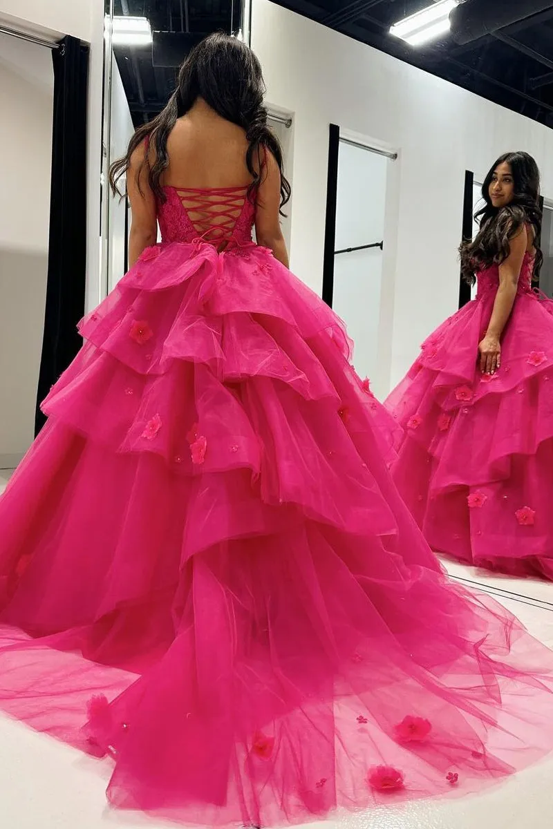 Ball Gown Fuchsia Sweetheart Tiered Tulle Prom Dresses with Appliques VK24010706