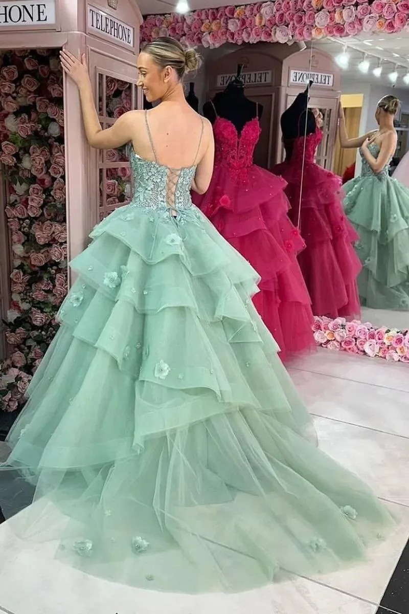 Ball Gown Fuchsia Sweetheart Tiered Tulle Prom Dresses with Appliques VK24010706