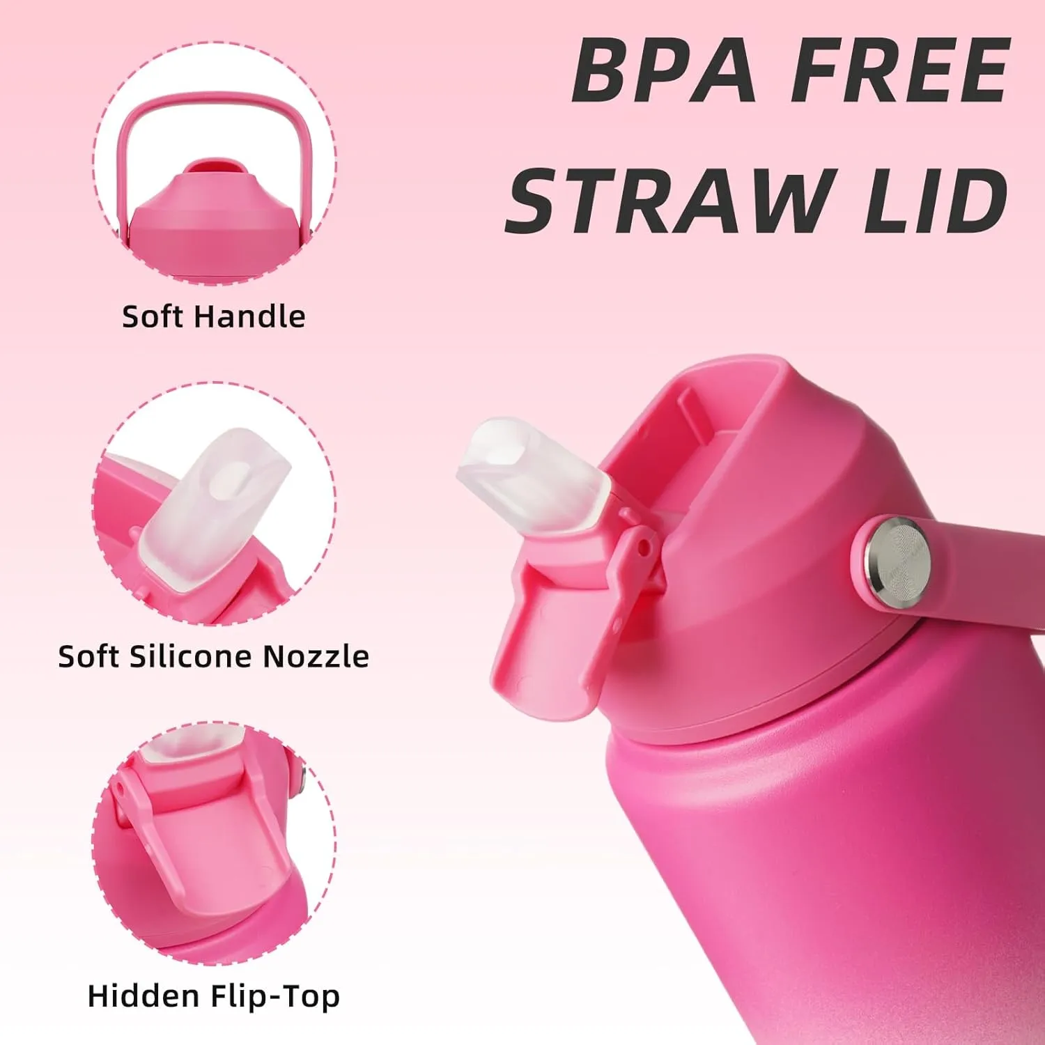 BJPKPK Water Bottle with Straw Lid, 24oz Vacuum Insulated Water Bottles, Metal Stainless Steel Thermos for Sports, Travel, BPA Free Leak Proof Thermos, Cups, Flasks, Tumblers,Cherry