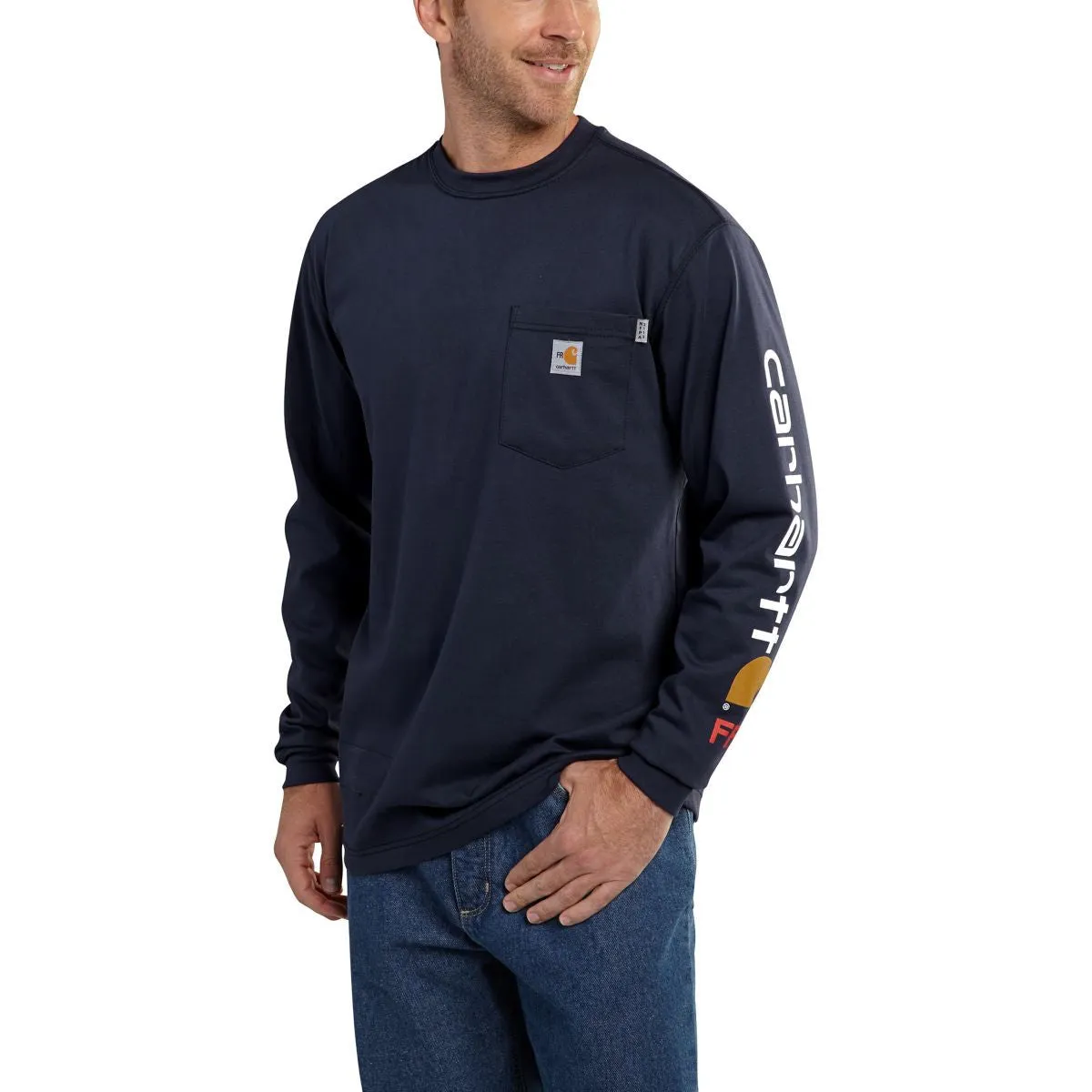 Carhartt Men's Dark Navy Flame-Resistant Force Cotton Graphic Long Sleeve T-Shirt