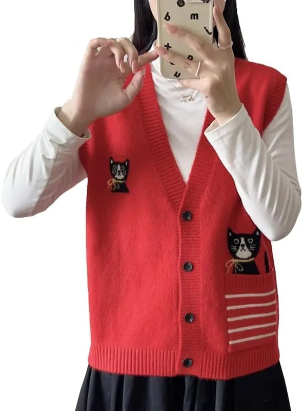 CORIRESHA Girl Cute Cat Rabbit Embroidered Sweater Vest Button Sleeveless Knit Cardigan