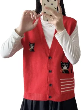 CORIRESHA Girl Cute Cat Rabbit Embroidered Sweater Vest Button Sleeveless Knit Cardigan