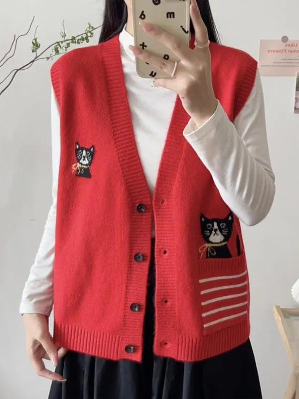 CORIRESHA Girl Cute Cat Rabbit Embroidered Sweater Vest Button Sleeveless Knit Cardigan
