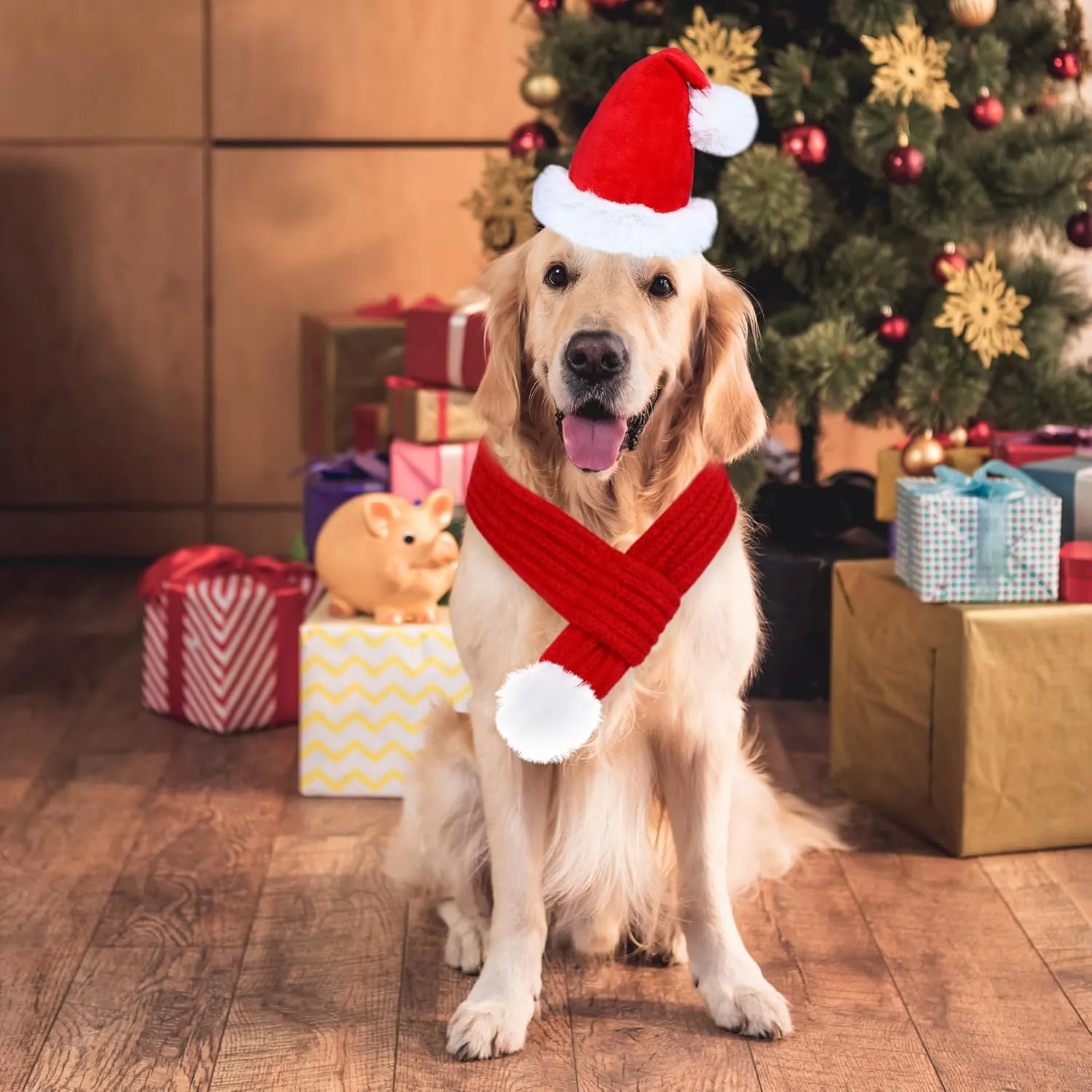 Dog Christmas Santa Hat and Scarf, Dog Christmas Outfit Adjustable Knitted Scarf with Pompom Ball for Small Medium Large XL Dogs Pets (X-Large)