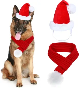 Dog Christmas Santa Hat and Scarf, Dog Christmas Outfit Adjustable Knitted Scarf with Pompom Ball for Small Medium Large XL Dogs Pets (X-Large)