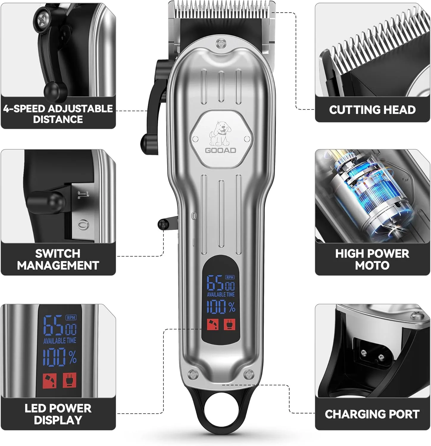 Dog Grooming Kit for Heavy Thick Hair&Coats,Low Noise Dog Hair Trimmer,Rechargeable Cordless Pet Shaver with Stainless Steel Blade, Dog Clippers for Grooming for Small Large Dogs Pets (Sliver)