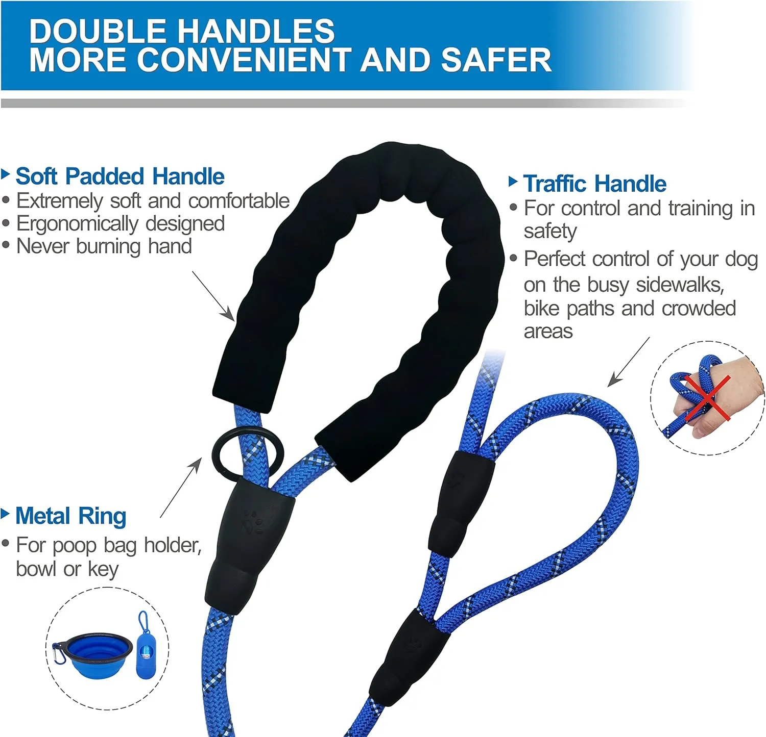 Dog Leash Heavy Duty 6ft, Double Handle Dog Leash with Padded Handle for Traffic Control, Reflective Rope Leashes for Large and Medium Dogs Control Safety Training at Night (Navy Blue)