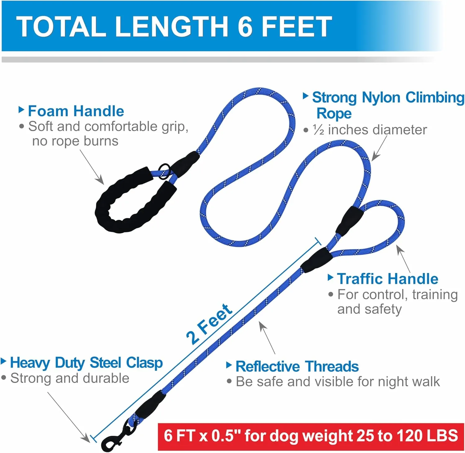 Dog Leash Heavy Duty 6ft, Double Handle Dog Leash with Padded Handle for Traffic Control, Reflective Rope Leashes for Large and Medium Dogs Control Safety Training at Night (Navy Blue)