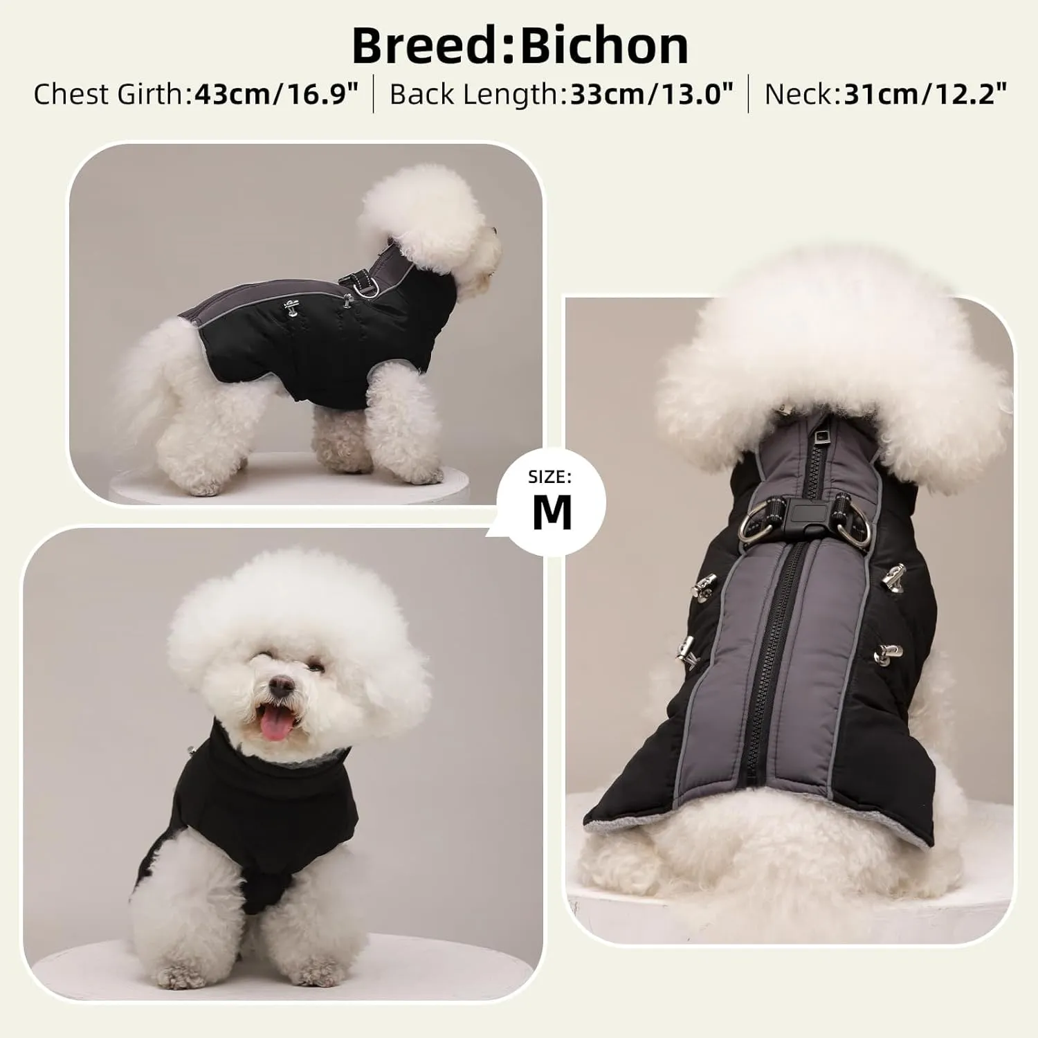 Dog Winter Jacket - Large, Warm Zip Up Snowsuit Dog Harness Vest, Reflective, Water-Resistant, Black
