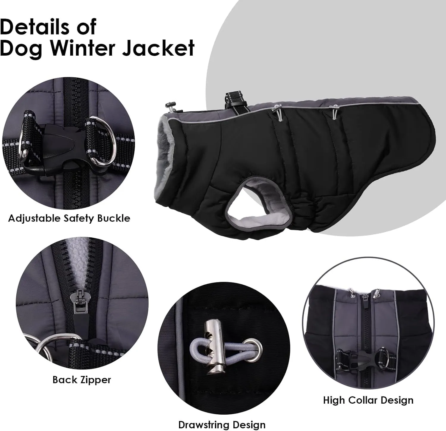Dog Winter Jacket - Large, Warm Zip Up Snowsuit Dog Harness Vest, Reflective, Water-Resistant, Black