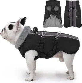 Dog Winter Jacket - Large, Warm Zip Up Snowsuit Dog Harness Vest, Reflective, Water-Resistant, Black