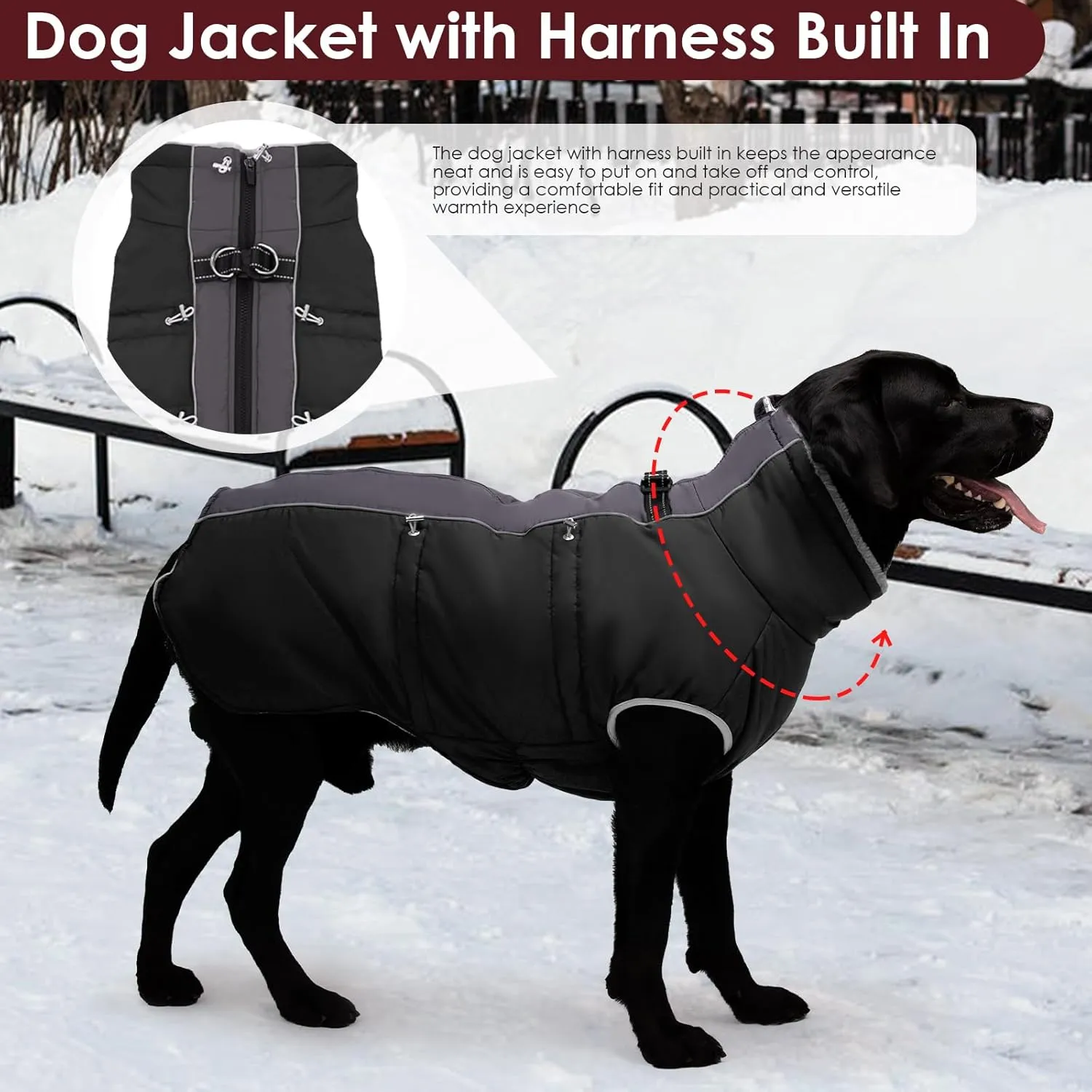 Dog Winter Jacket - Large, Warm Zip Up Snowsuit Dog Harness Vest, Reflective, Water-Resistant, Black
