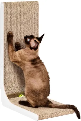 EHEYCIGA Cardboard Cat Scratcher for Indoor Cats, 26.8 Inch L Shaped Vertical Cat Scratching Board with Ball Cat Toy, Large Cat Scratcher Pad, White