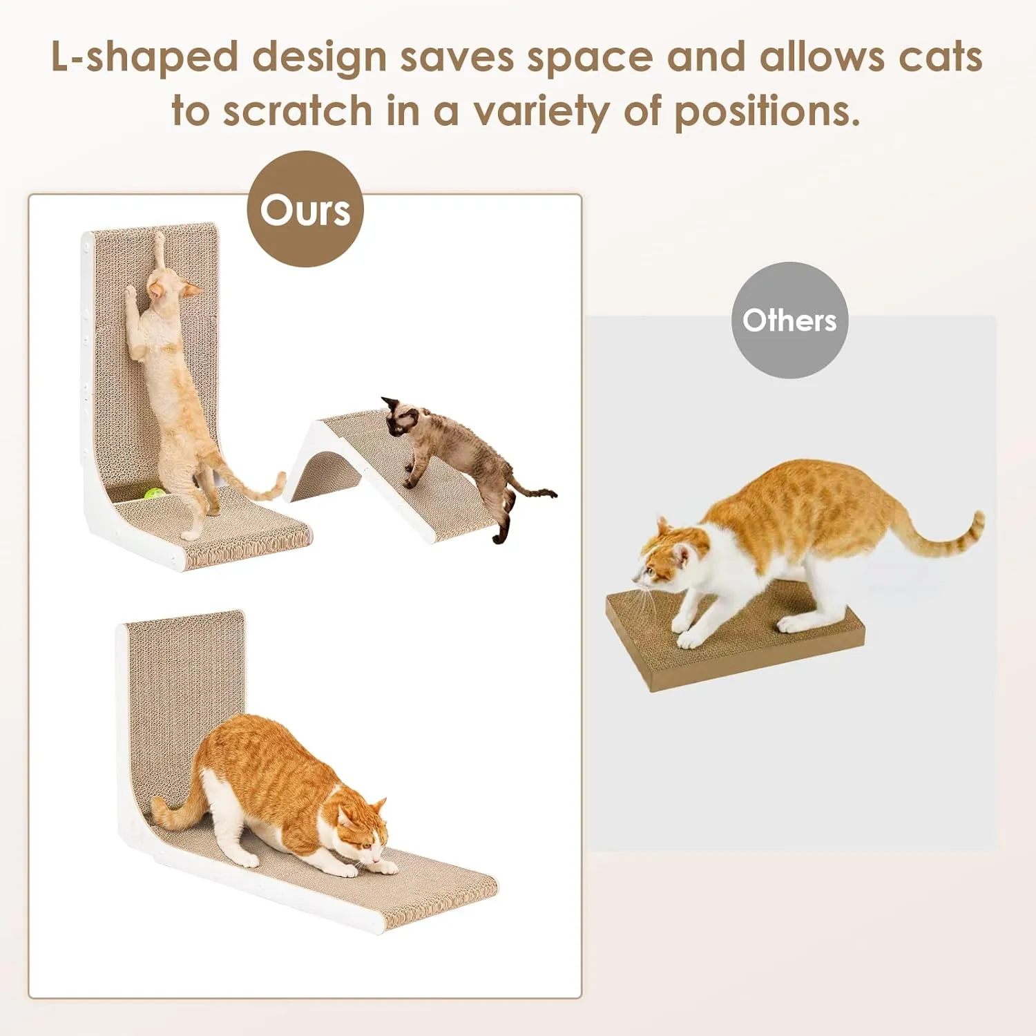 EHEYCIGA Cardboard Cat Scratcher for Indoor Cats, 26.8 Inch L Shaped Vertical Cat Scratching Board with Ball Cat Toy, Large Cat Scratcher Pad, White