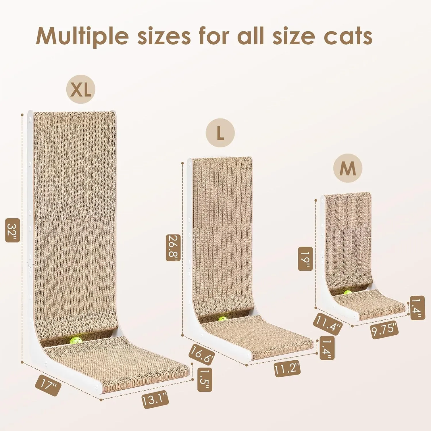 EHEYCIGA Cardboard Cat Scratcher for Indoor Cats, 26.8 Inch L Shaped Vertical Cat Scratching Board with Ball Cat Toy, Large Cat Scratcher Pad, White