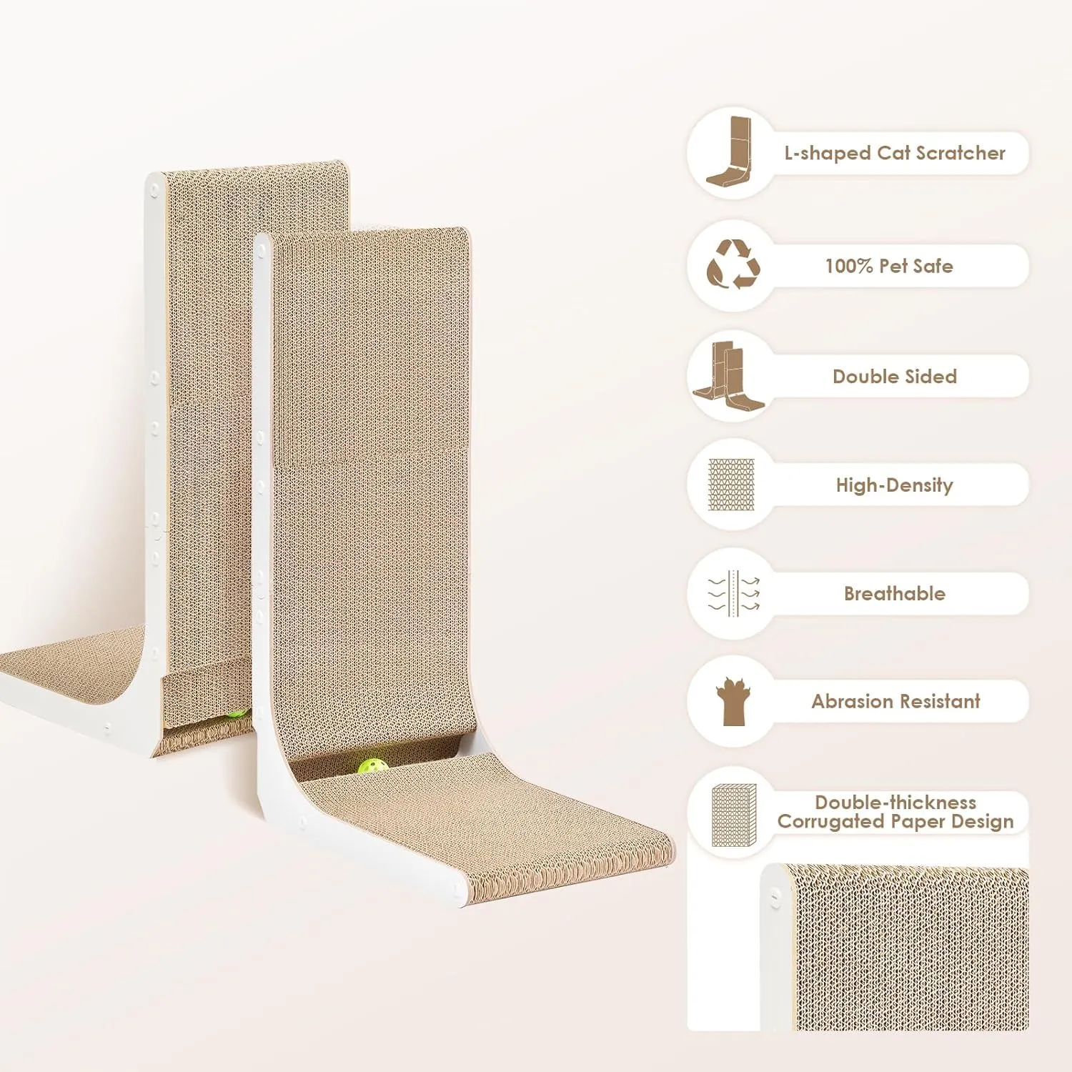 EHEYCIGA Cardboard Cat Scratcher for Indoor Cats, 26.8 Inch L Shaped Vertical Cat Scratching Board with Ball Cat Toy, Large Cat Scratcher Pad, White