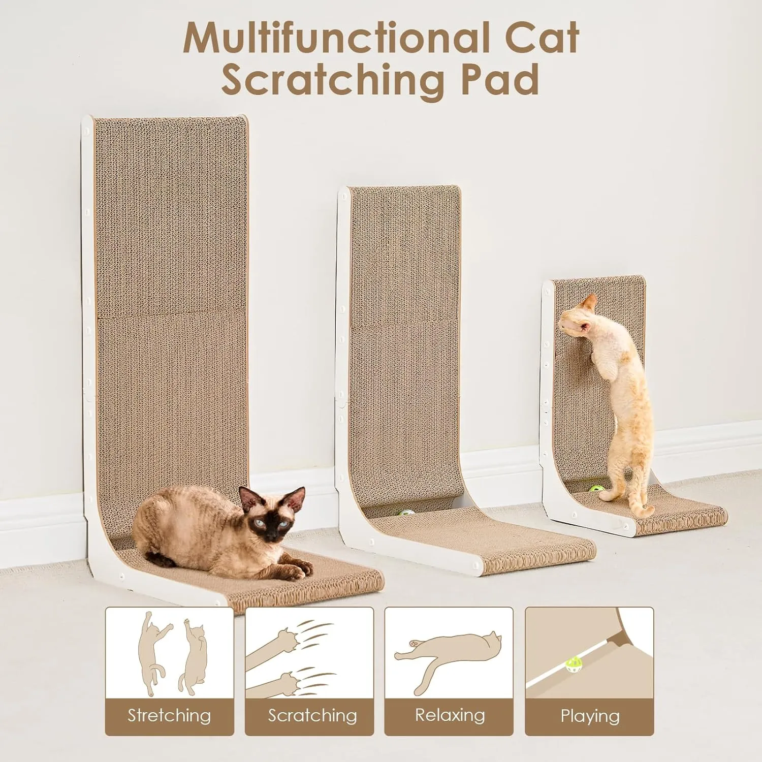 EHEYCIGA Cardboard Cat Scratcher for Indoor Cats, 26.8 Inch L Shaped Vertical Cat Scratching Board with Ball Cat Toy, Large Cat Scratcher Pad, White