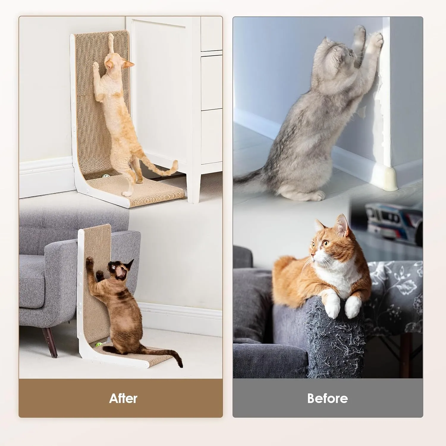 EHEYCIGA Cardboard Cat Scratcher for Indoor Cats, 26.8 Inch L Shaped Vertical Cat Scratching Board with Ball Cat Toy, Large Cat Scratcher Pad, White