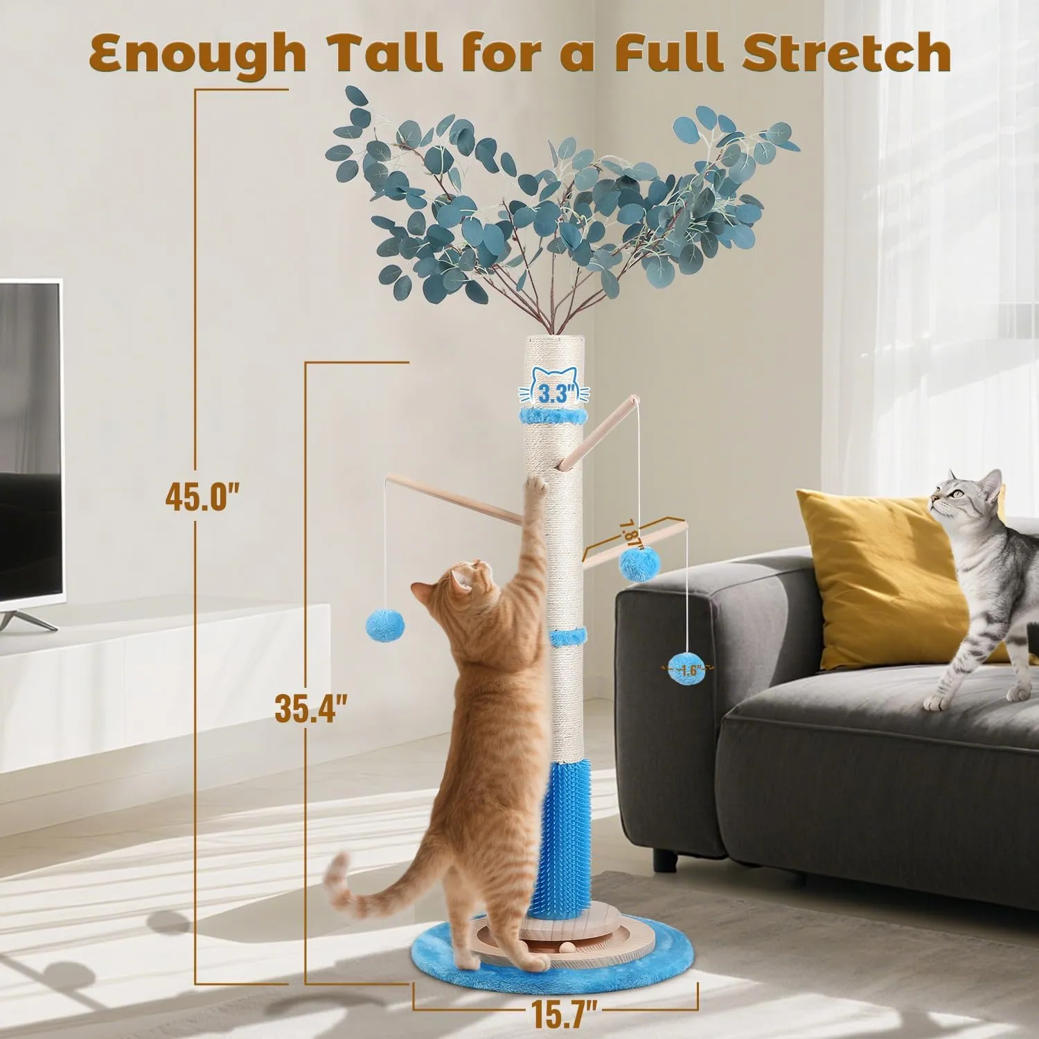 EMUST 45" Cat Scratching Posts for Indoor Cats, Large Cat Scratcher Post with Sturdy Base Self Groomer Brush for Kittens Adults Cats Protect Your Furniture