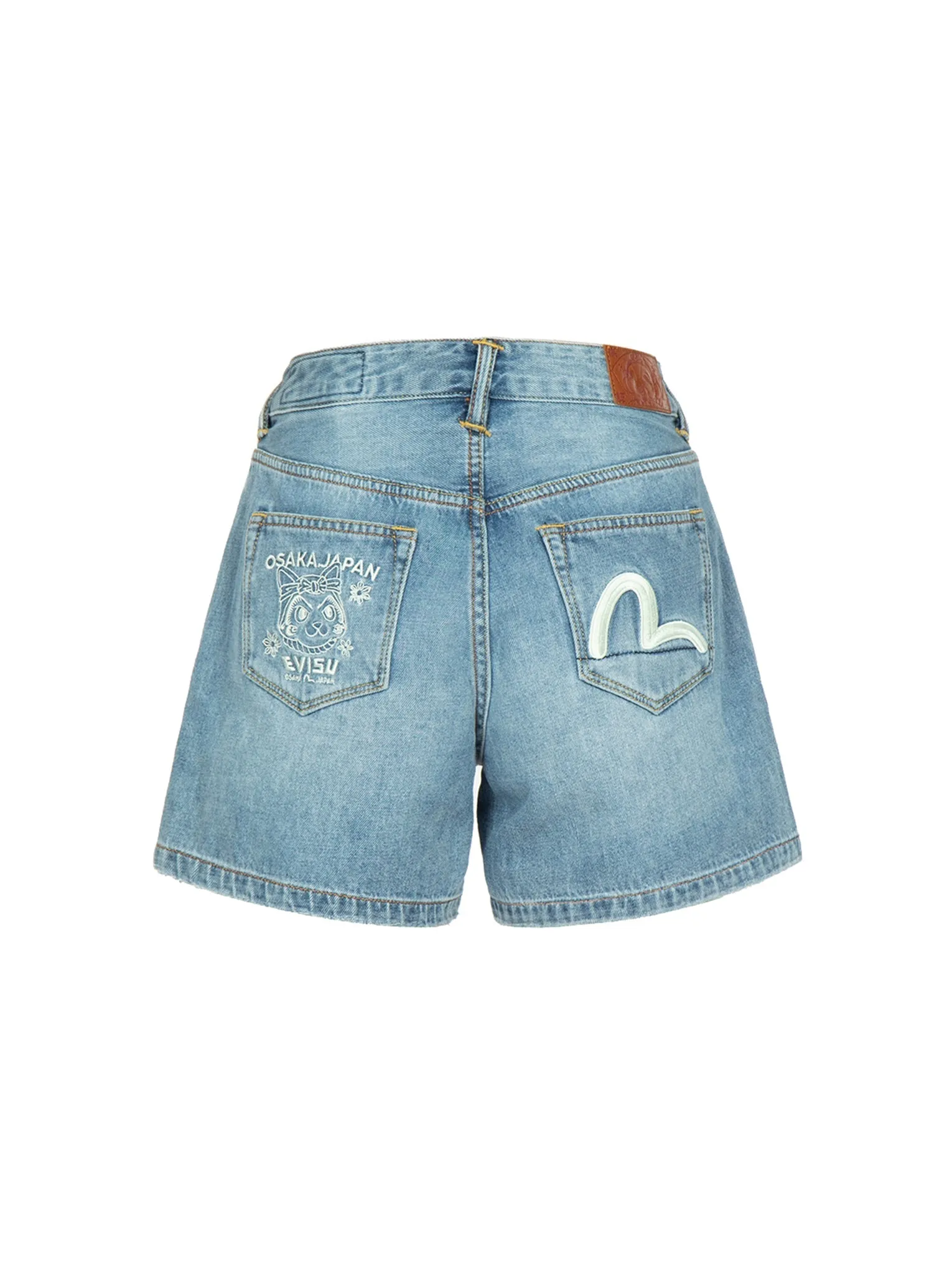 Fortune Cat and Seagull Embroidery Denim Shorts