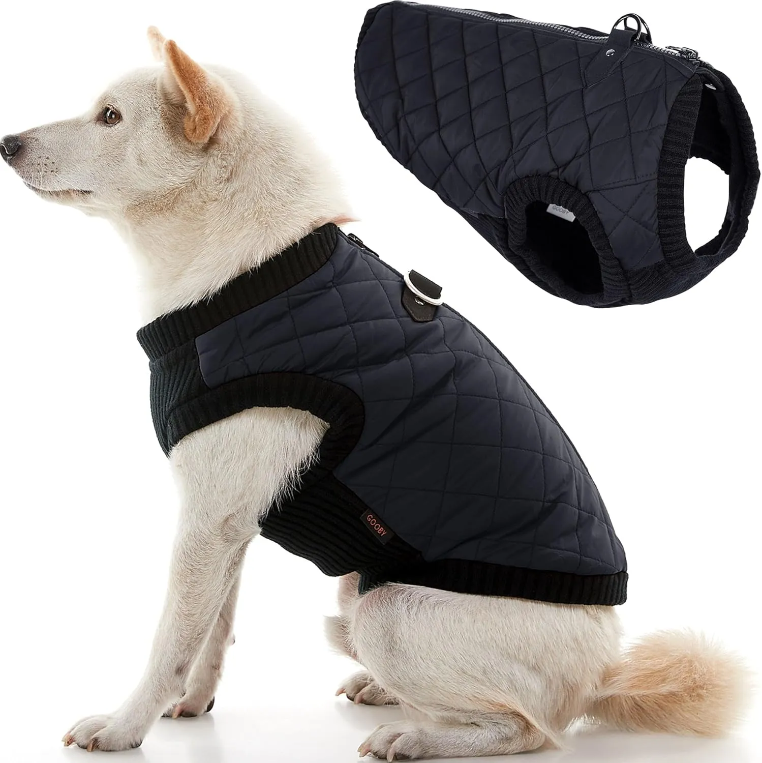 Gooby Fashion Vest Dog Jacket - Black, Medium - Warm Zip Up Bomber Vest with Dual D Ring Leash - Winter Water Resistant Small Dog Sweater