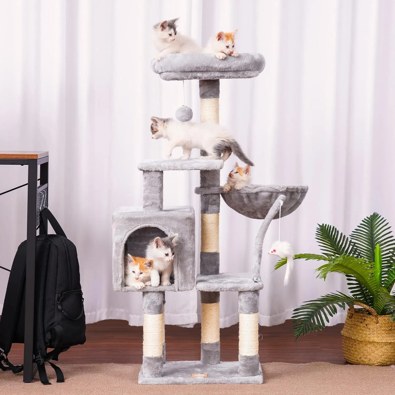 Heybly Cat Tree with Toy, Cat Tower condo for Indoor Cats, Cat House with Padded Plush Perch, Cozy Hammock and Sisal Scratching Posts, Light Gray HCT004SW
