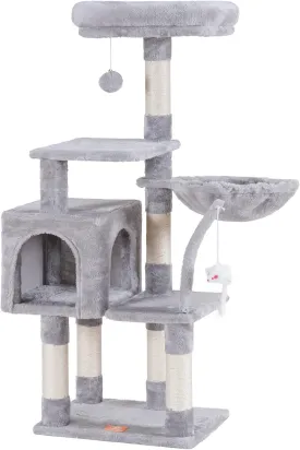 Heybly Cat Tree with Toy, Cat Tower condo for Indoor Cats, Cat House with Padded Plush Perch, Cozy Hammock and Sisal Scratching Posts, Light Gray HCT004SW