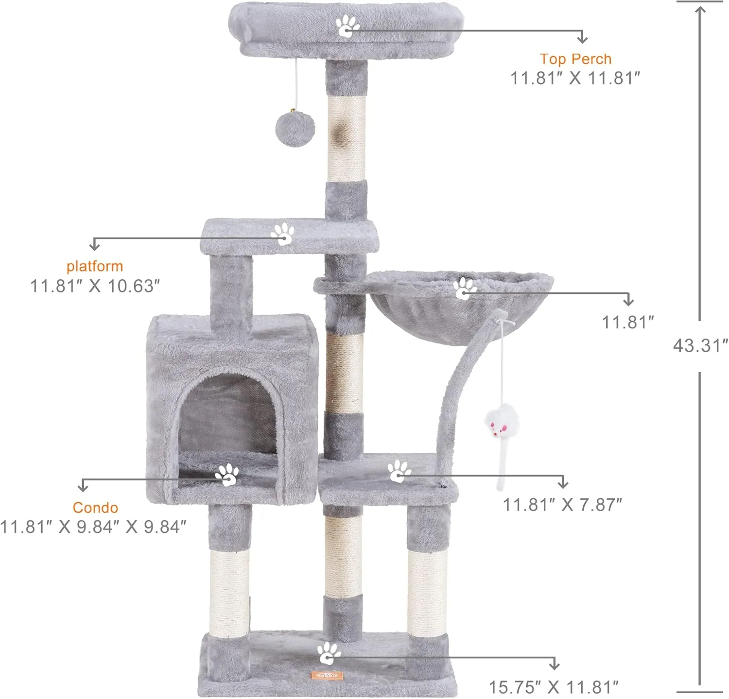 Heybly Cat Tree with Toy, Cat Tower condo for Indoor Cats, Cat House with Padded Plush Perch, Cozy Hammock and Sisal Scratching Posts, Light Gray HCT004SW