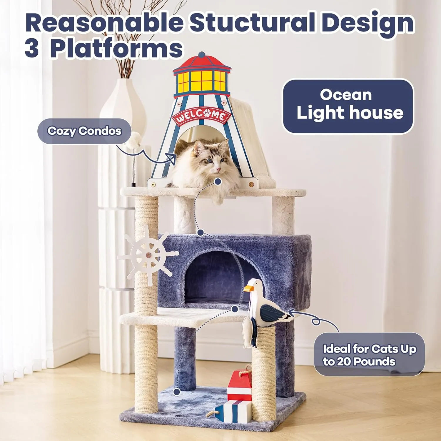 HYABi 48.5-Inch Novelty Lighthouse Seagull Wheel Buoy Cat Tree Tower Condo Bed Furniture Plush Ball Toy Fish Platforms Multi-Level with Scratching Posts Play for Indoor Cats