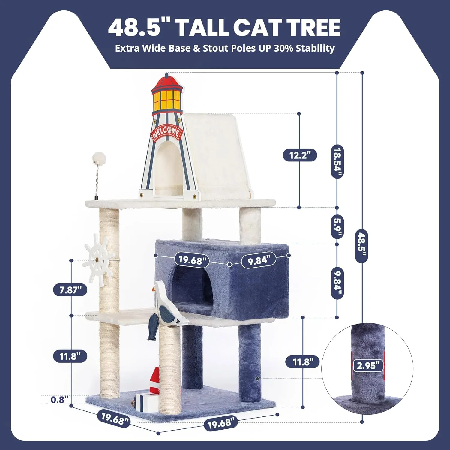 HYABi 48.5-Inch Novelty Lighthouse Seagull Wheel Buoy Cat Tree Tower Condo Bed Furniture Plush Ball Toy Fish Platforms Multi-Level with Scratching Posts Play for Indoor Cats