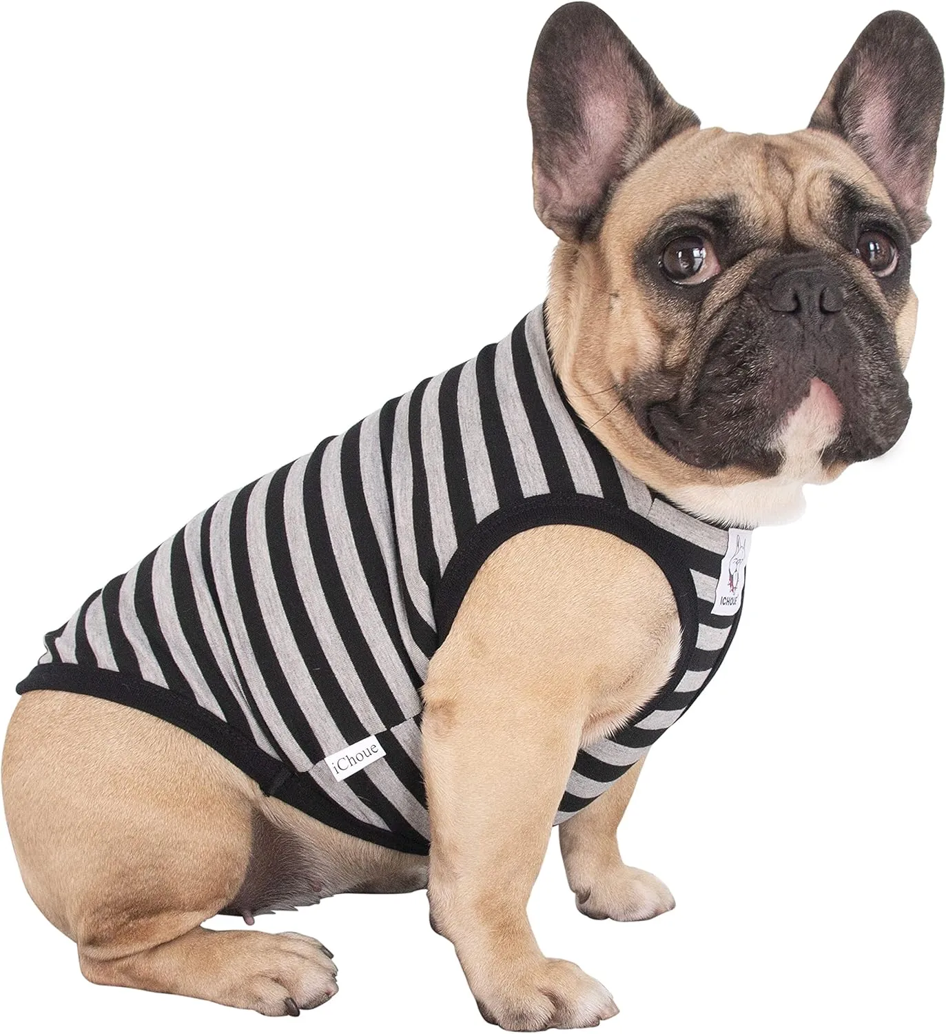 iChoue French Bulldog 100% Breathable Cotton Striped T Shirts Halloween Vest Clothes for Medium Dogs Tank Tops Frenchie Pug English Boston Terrier Pitbull Grey Black Stripes - Large