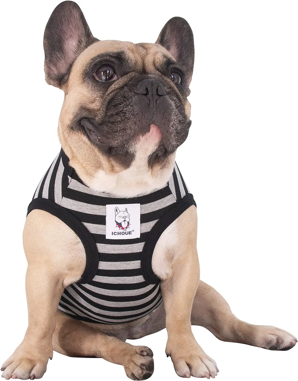 iChoue French Bulldog 100% Breathable Cotton Striped T Shirts Halloween Vest Clothes for Medium Dogs Tank Tops Frenchie Pug English Boston Terrier Pitbull Grey Black Stripes - Large