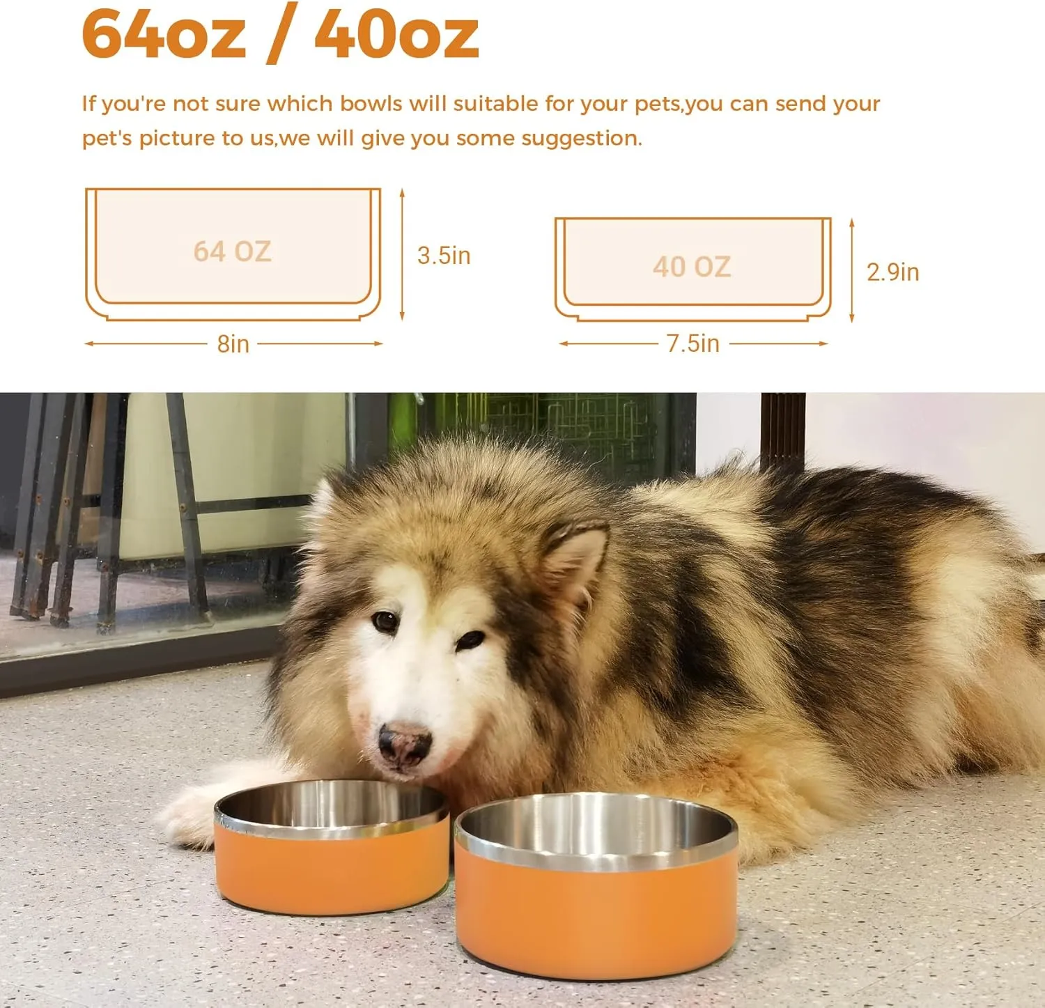 LIHONG Stainless Steel Dog Bowls for Small Meidum Sized Dogs,Dog Food Water Bowls No Slip,Dishwasher Safe(40oz,Orange)