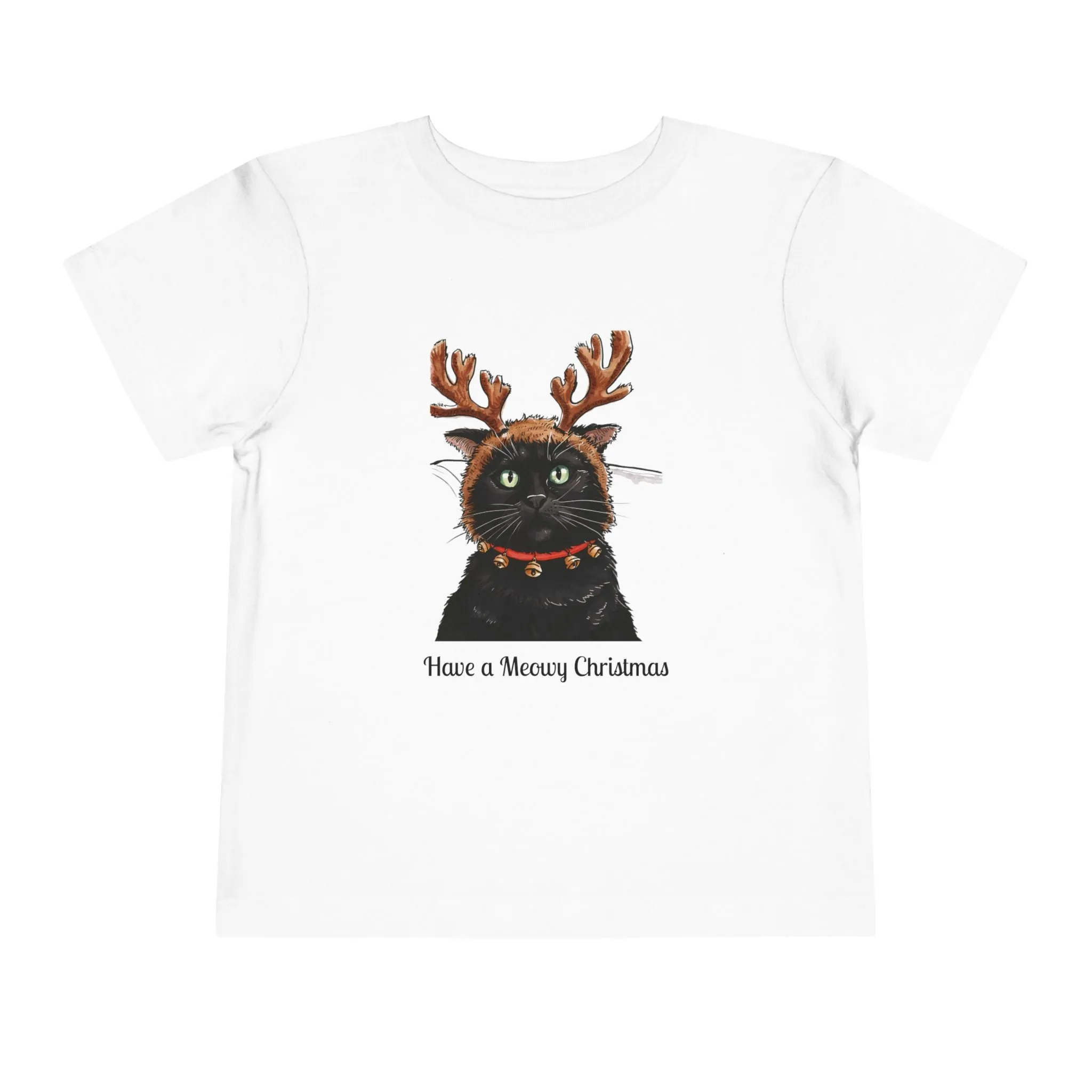 Meowy Christmas Cat Toddler T-Shirt – Festive Holiday Tee with Reindeer Antlers