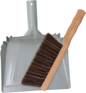 Metal Dust Pan and Brush Set Soft Bristle Wooden Broom Heavy Duty Pan Portable Size