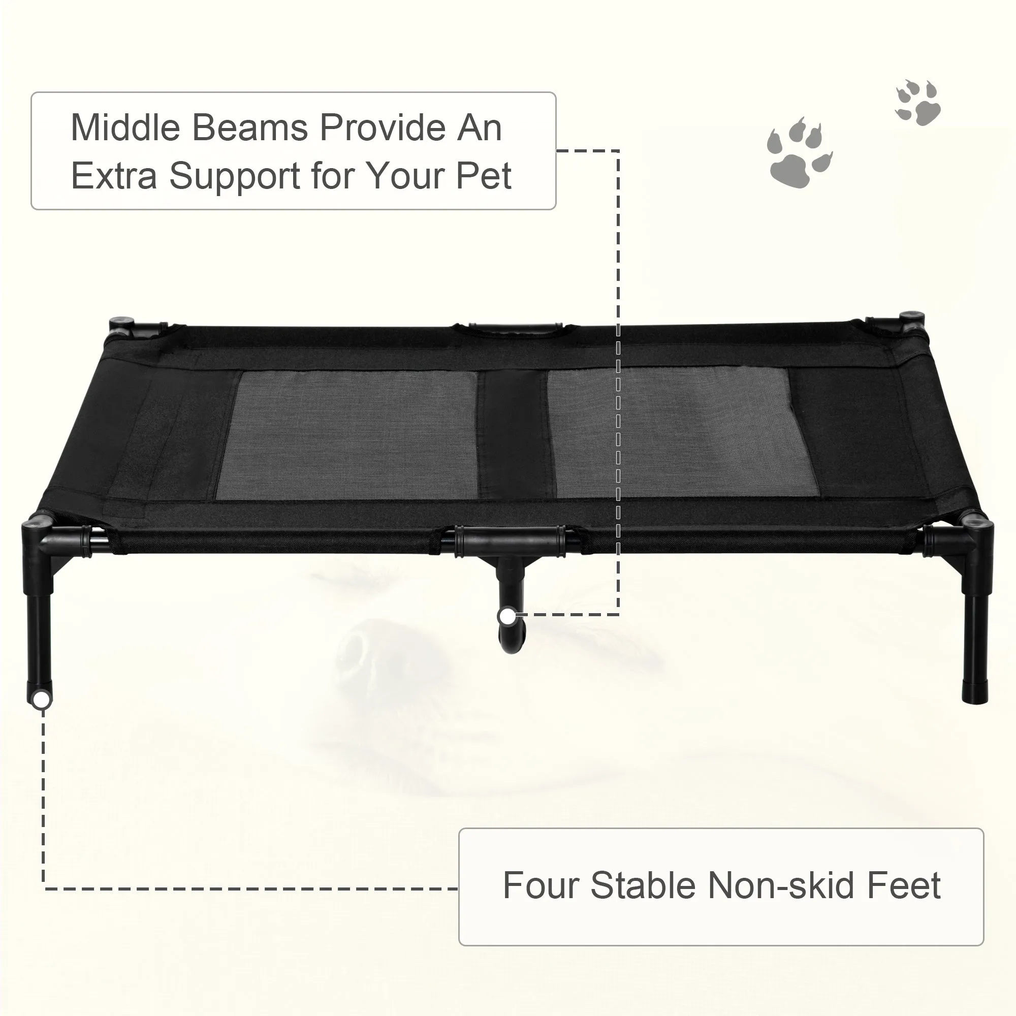 PawHut Large Raised Dog Bed Cat Elevated Lifted Cooling Portable Camping Basket Outdoor Indoor Mesh Pet Cot Metal Frame Black