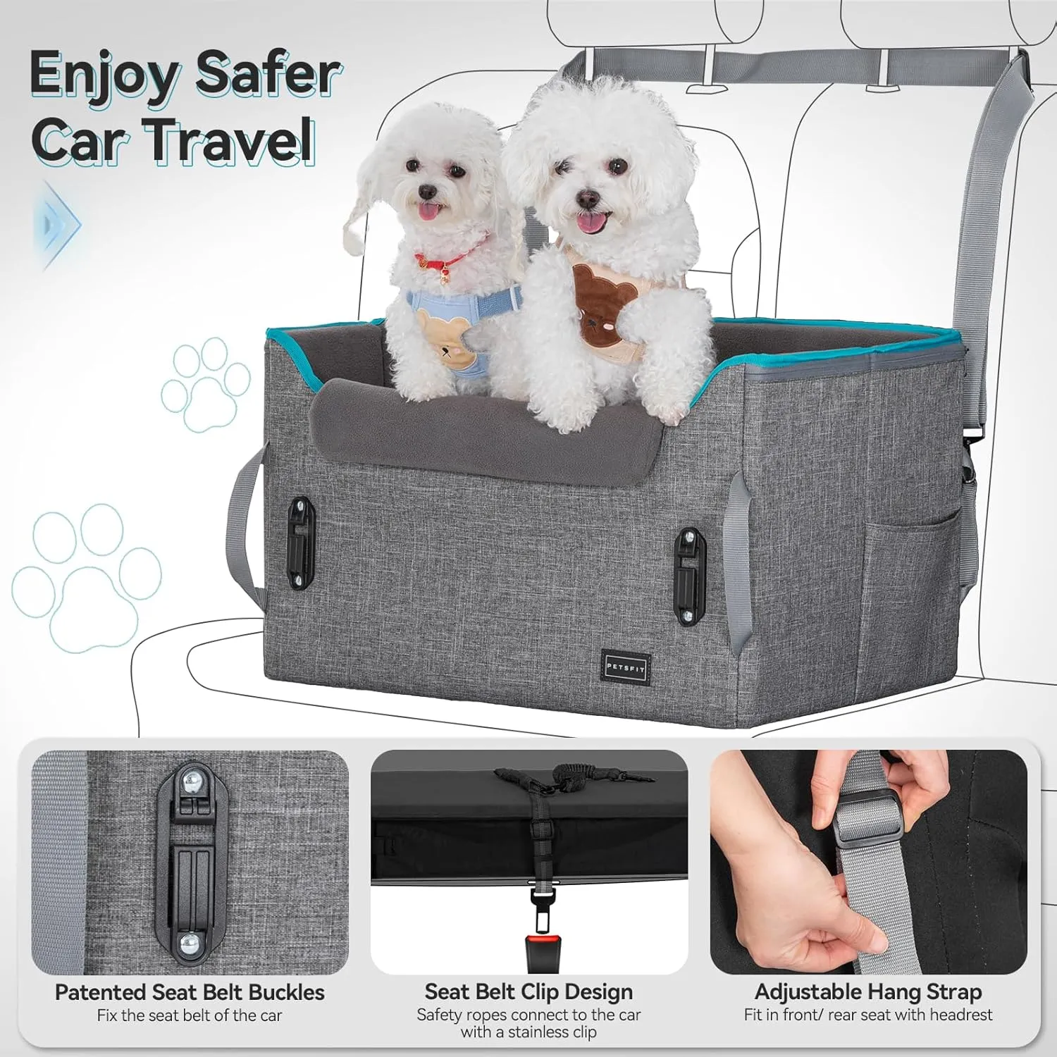 PETSFIT Dog Booster Car Seat for Small/Medium Dogs, Dog Car Seat for Medium Sized Dog with 2 Clip-On Safety Leashes and Patented Buckles, Pet Car Seat with Storage Pockets for Pets Under 45Lbs (Grey)