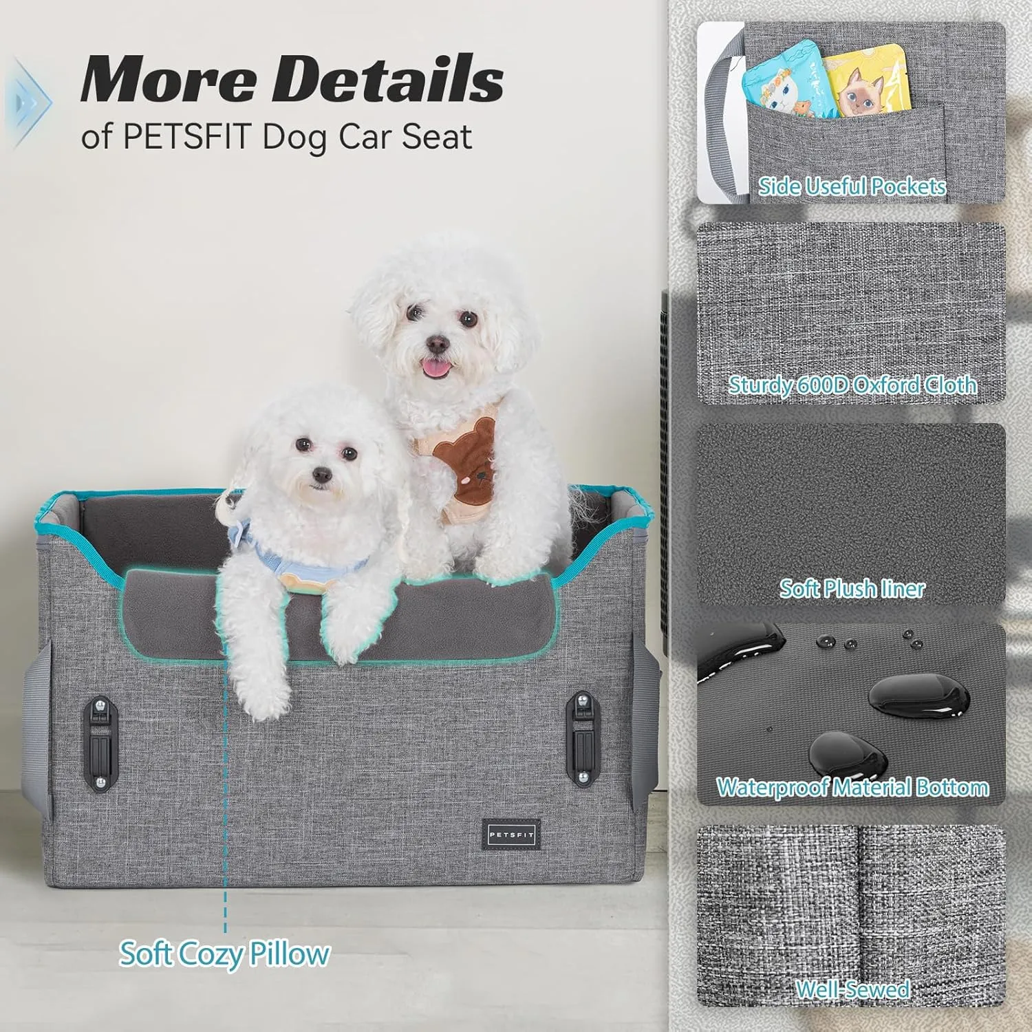 PETSFIT Dog Booster Car Seat for Small/Medium Dogs, Dog Car Seat for Medium Sized Dog with 2 Clip-On Safety Leashes and Patented Buckles, Pet Car Seat with Storage Pockets for Pets Under 45Lbs (Grey)