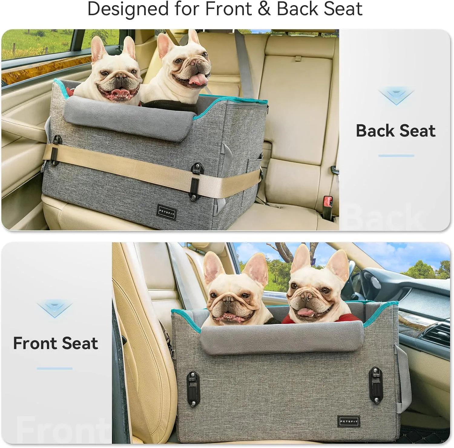 PETSFIT Dog Booster Car Seat for Small/Medium Dogs, Dog Car Seat for Medium Sized Dog with 2 Clip-On Safety Leashes and Patented Buckles, Pet Car Seat with Storage Pockets for Pets Under 45Lbs (Grey)