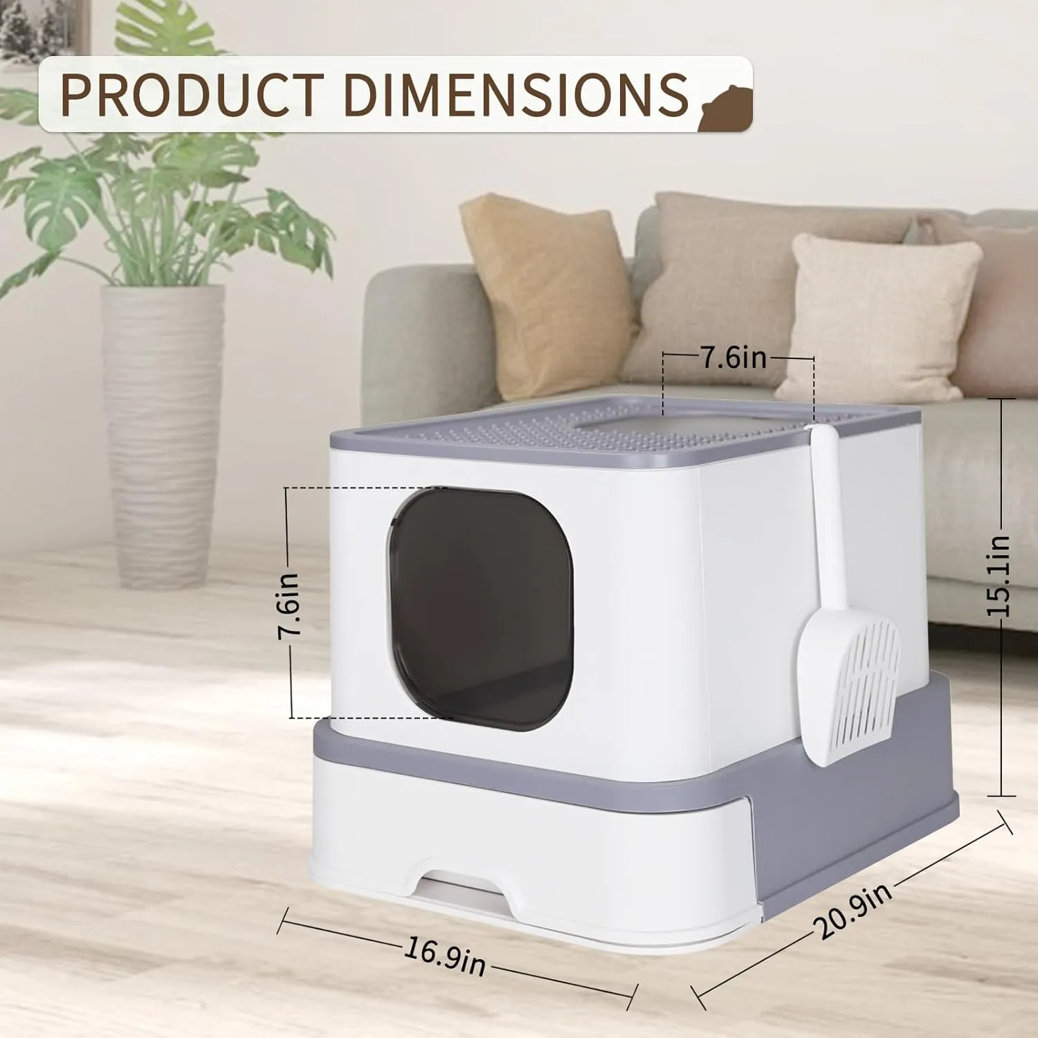 RIZZARI Cat Litter Box, Foldable Cat Box with Drawer, Large Capacity Litter Box with Lid, Top Opening Litter Pan for Small to Big Cats (Light Gray)