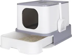 RIZZARI Cat Litter Box, Foldable Cat Box with Drawer, Large Capacity Litter Box with Lid, Top Opening Litter Pan for Small to Big Cats (Light Gray)