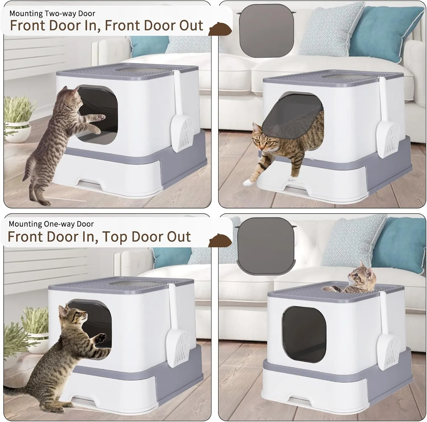 RIZZARI Cat Litter Box, Foldable Cat Box with Drawer, Large Capacity Litter Box with Lid, Top Opening Litter Pan for Small to Big Cats (Light Gray)