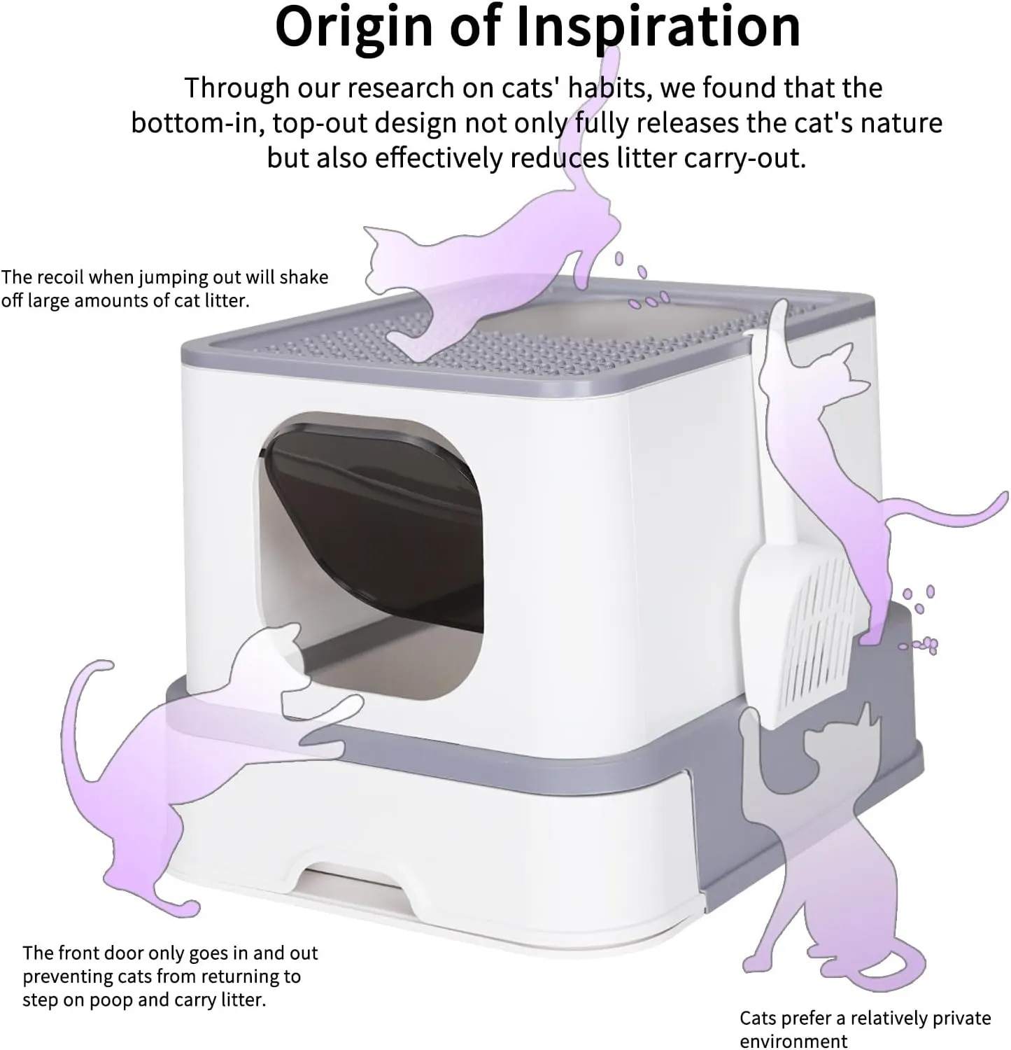 RIZZARI Cat Litter Box, Foldable Cat Box with Drawer, Large Capacity Litter Box with Lid, Top Opening Litter Pan for Small to Big Cats (Light Gray)