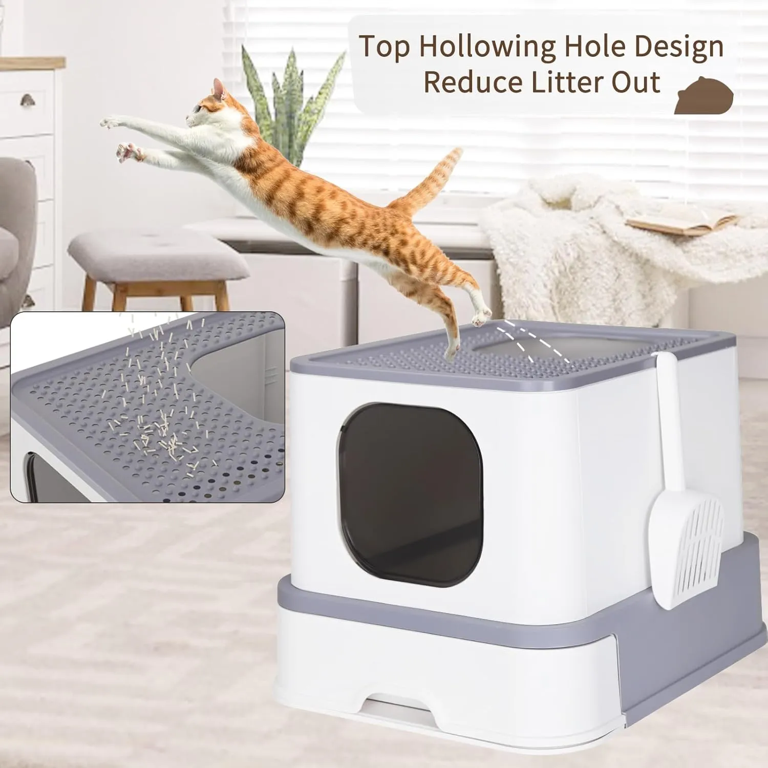 RIZZARI Cat Litter Box, Foldable Cat Box with Drawer, Large Capacity Litter Box with Lid, Top Opening Litter Pan for Small to Big Cats (Light Gray)