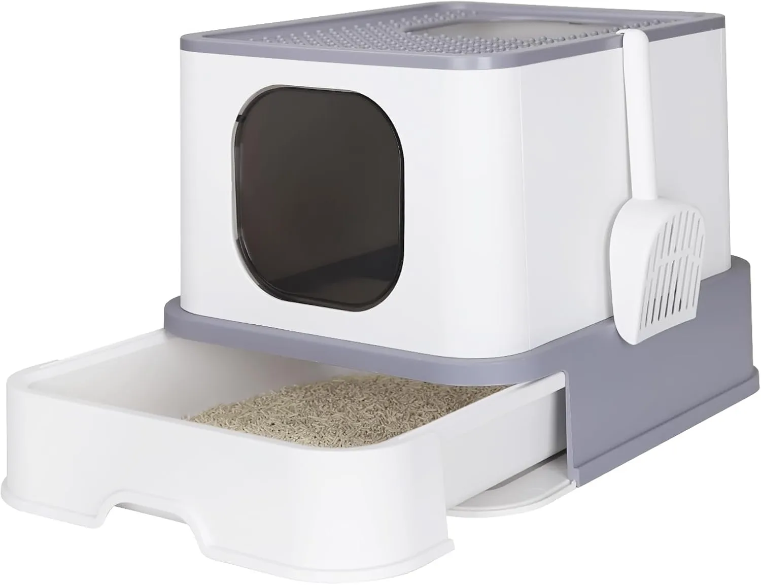 RIZZARI Cat Litter Box, Foldable Cat Box with Drawer, Large Capacity Litter Box with Lid, Top Opening Litter Pan for Small to Big Cats (Light Gray)