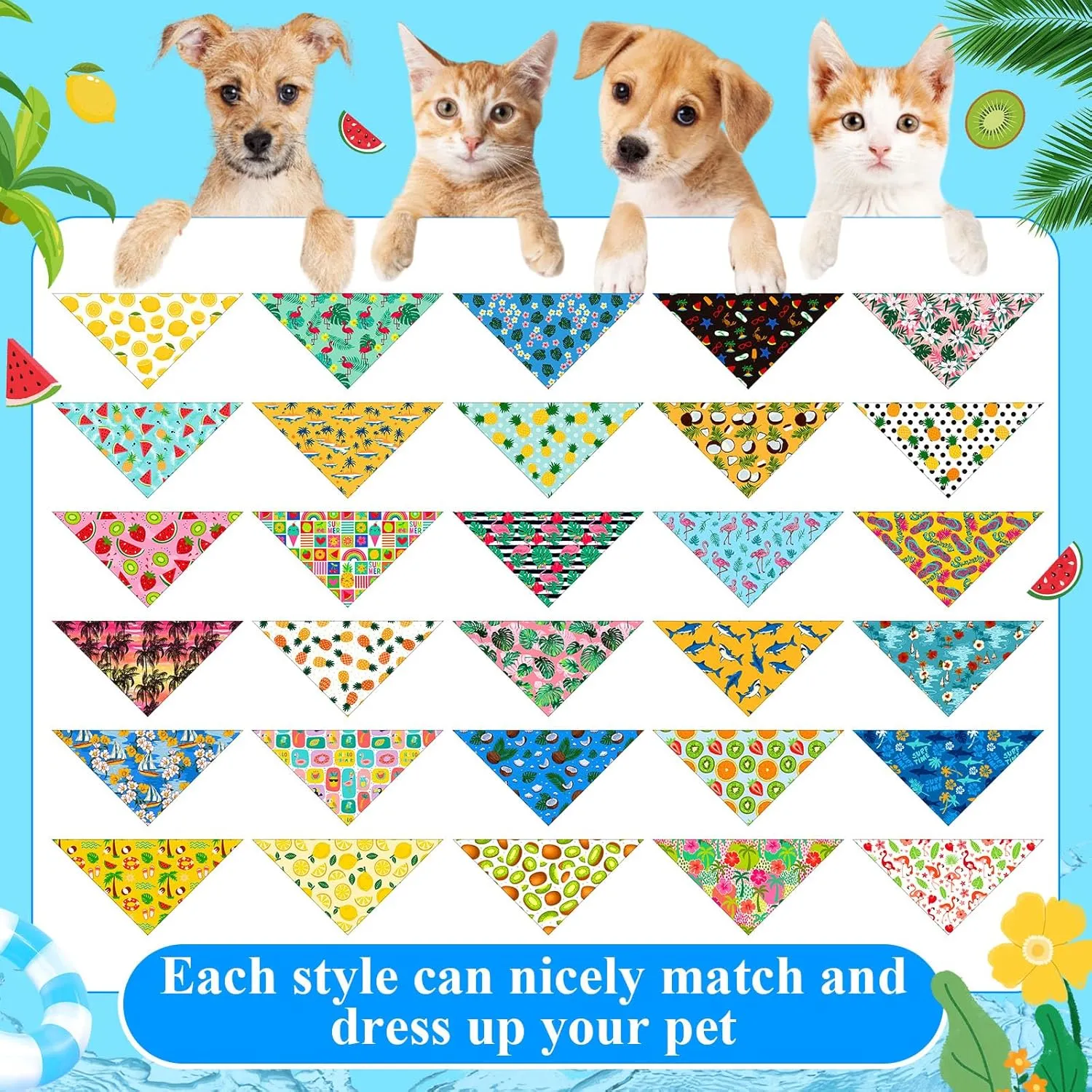 Sanwuta 120 Pcs Bandanas for Dogs Bulk Summer Triangle Dog Bandana Washable Pet Scarves Adjustable Bibs for Small and Medium Pets, 30 Styles(Fruit)